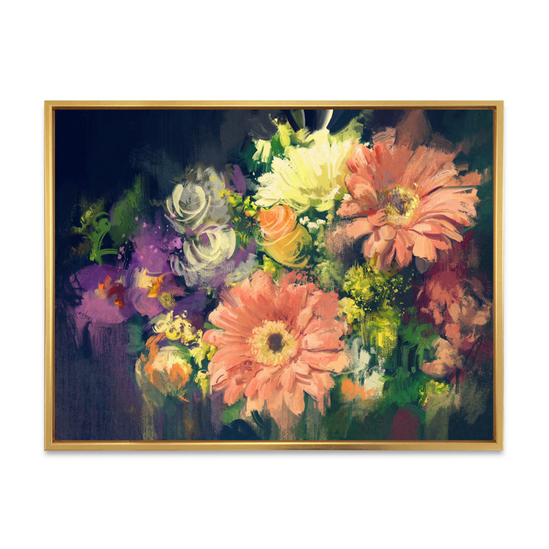 «Grunge Pastel Bouquet Of Flowers», reproduction sur toile, H 16 po x l 32 po x P 1 po, Cadre flottant doré