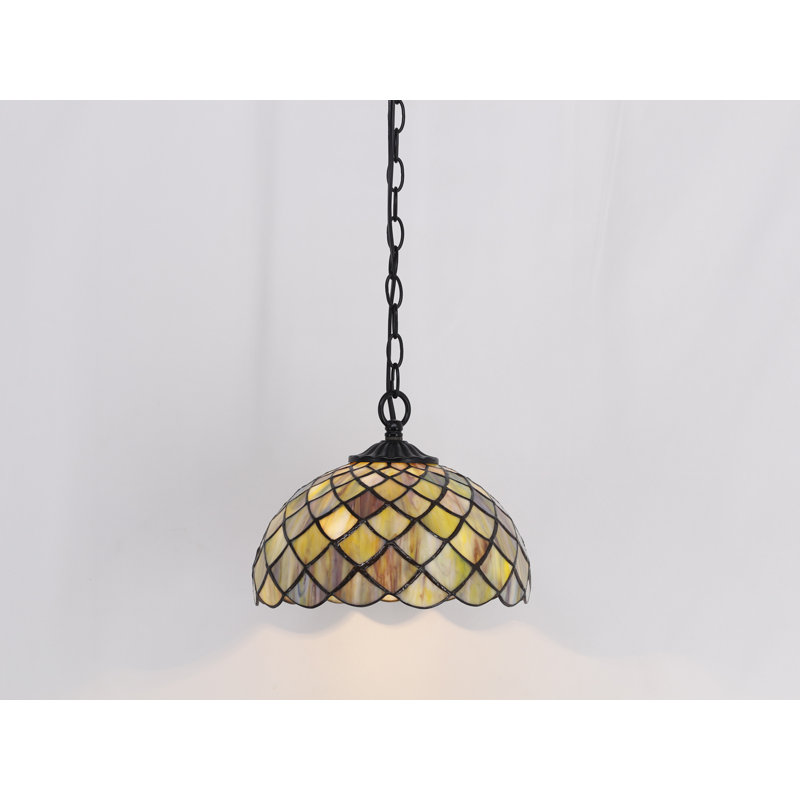 Tiffany Pendant Light Plug in Stained Glass Hanging Lamp Wide 10 Inch, Chain 33 Inch, Cord 15 Feet (Brown Fish Scales)