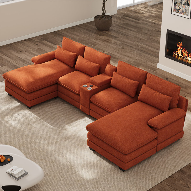 Canapé modulaire surdimensionné en U 133 po en chenille avec porte-gobelets avec console de rangement et USB 133 po