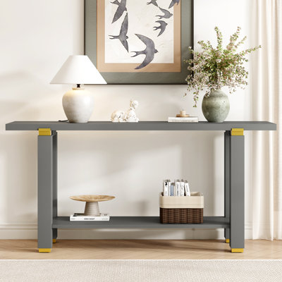 Console de 62,9 po avec console minimaliste moderne, canapé d'entrée en bois massif avec détails en métal, tablette intégrée, pour le salon / couloir (noir, gris, naturel) | Idée cadeau