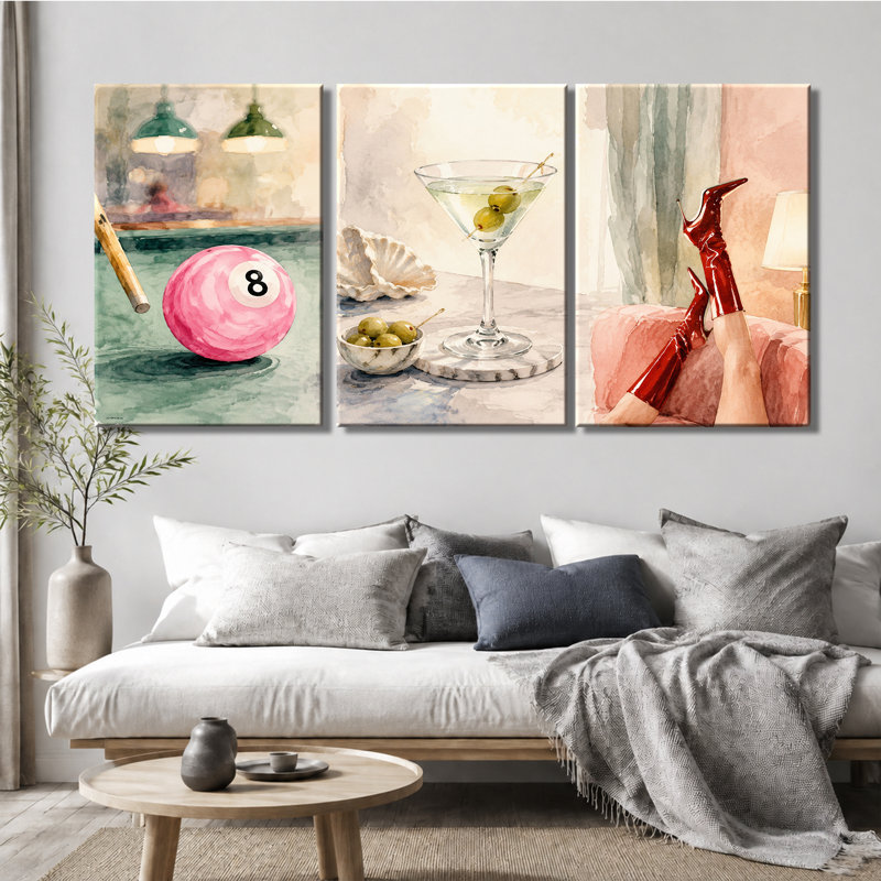 Tableau en trois panneaux, aquarelle, Martini 8-Ball, talons hauts, impression sur toile, décoration murale tendance pour filles