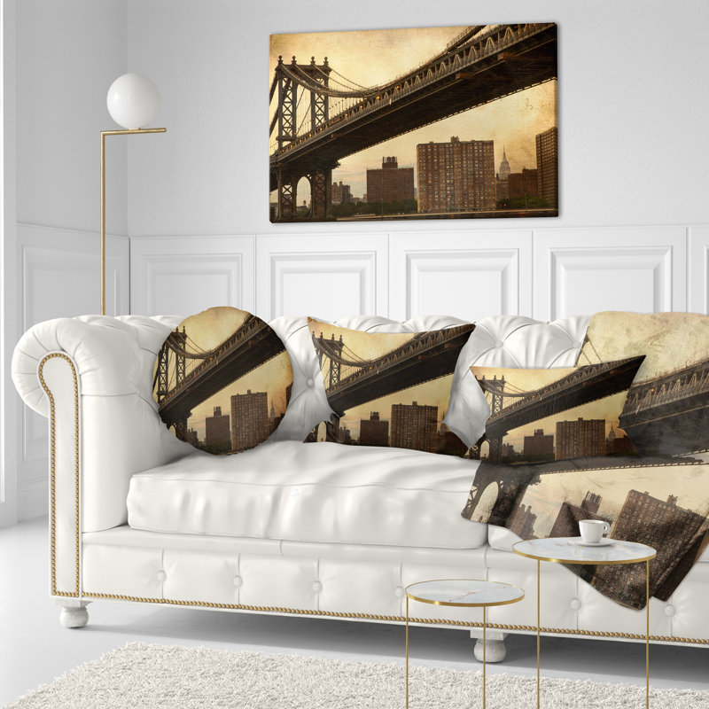 Dark Manhattan Bridge - Cityscape Printed Throw Pillow