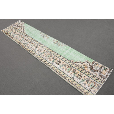 Tapis de couloir vintage vert en laine Oushak pour espaces de cuisine et de couloir