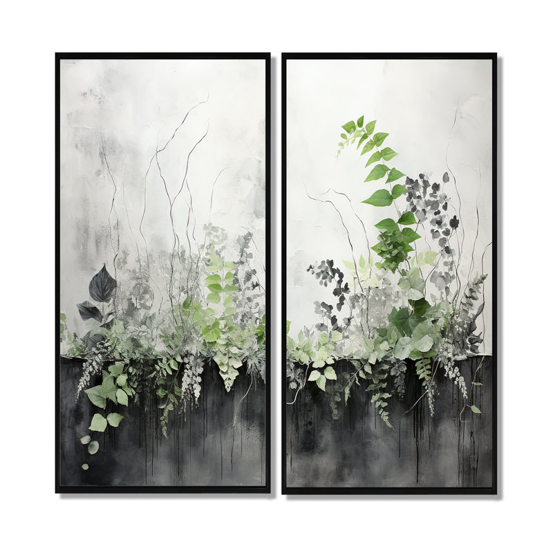 Minimalisme vert botanique sérénité - art mural vert, H 32 po x l 32 po, Impression encadrée flottante, Noir
