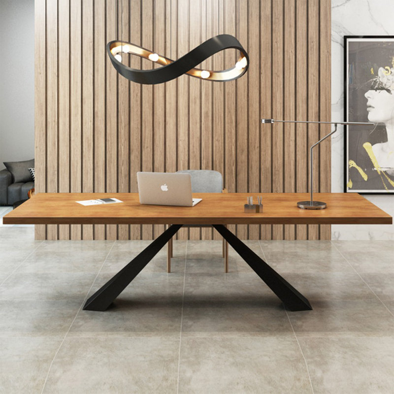 Bureau brun clair + bois massif rectangulaire noir + bureaux en fer, H 29,53 po x l 70,87 po x P 31,5 po