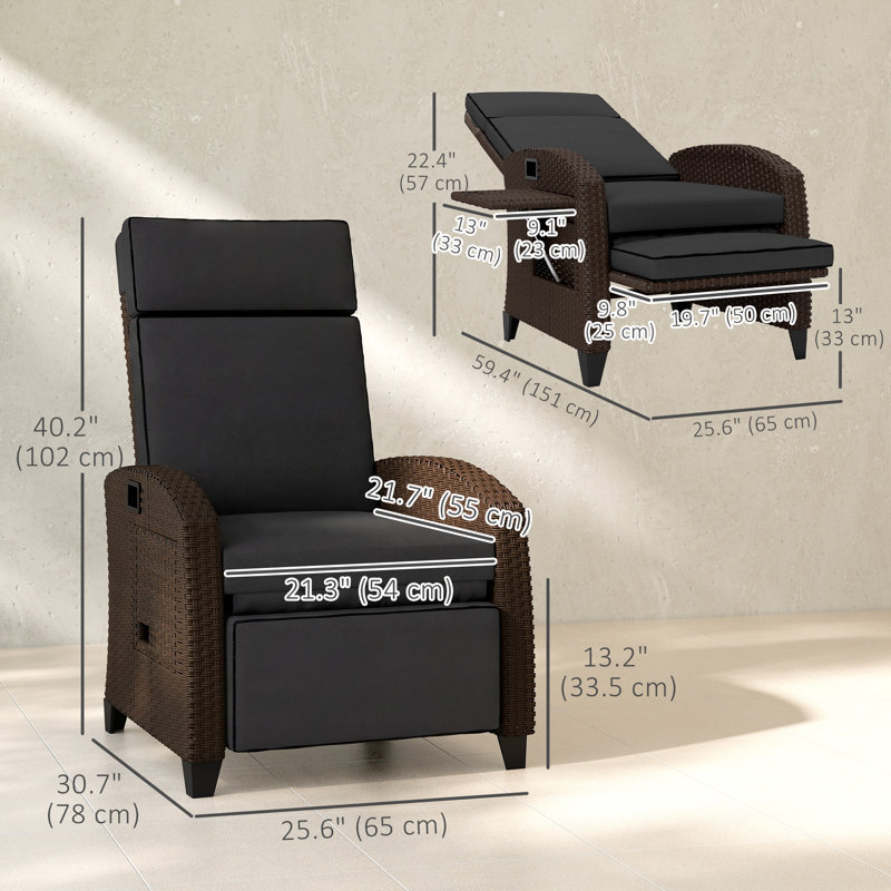 Fauteuil inclinable d'extérieur avec dossier réglable, coussin, noir, Noir