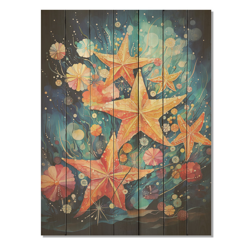 Collage d'étoiles de mer bleues et orange - Étoile de mer sur bois, H 44 po x l 34 po