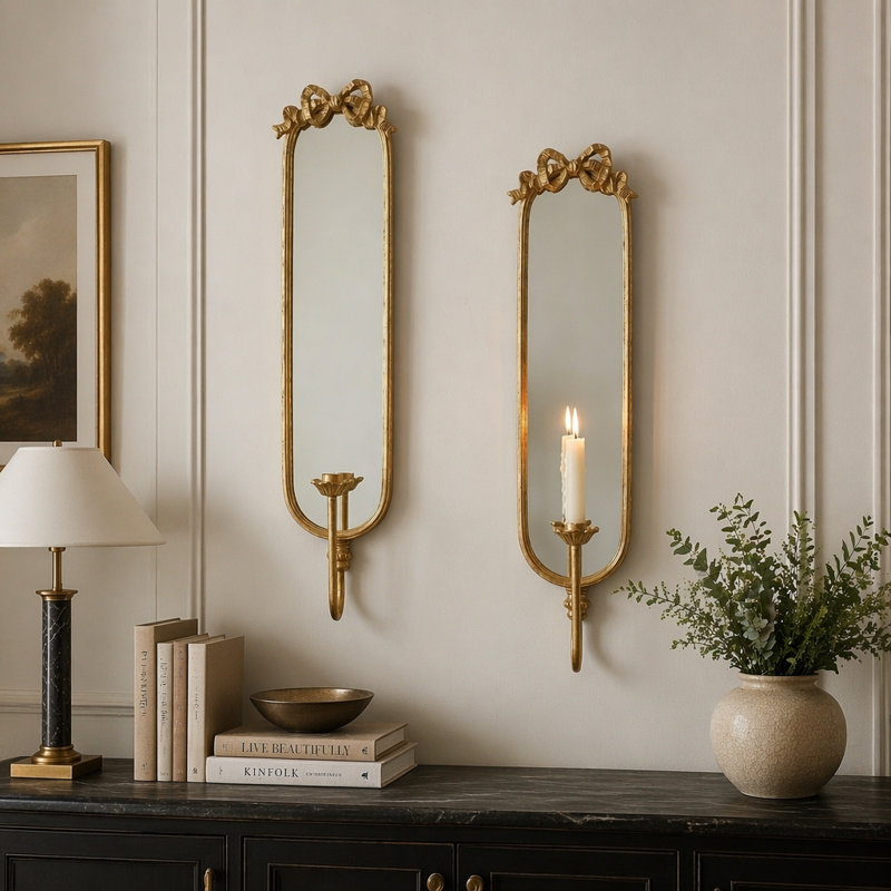 Ensemble de 2 appliques murales en miroir avec bougeoirs décoratifs en fer, parfait pour ajouter de l'élégance et de la lumière à n'importe quelle pièce