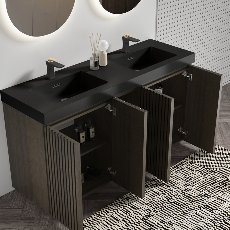 Meuble-lavabo sur pied en chêne fumé Galan