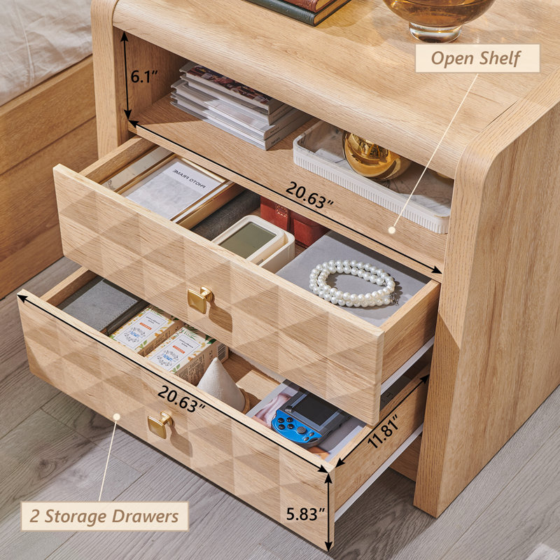 Modern End Table with Charging Station, Diamond-Textured Wood Side Table with 2 Storage Drawers, 23.6" Wide Side Table with Curved Contour Design