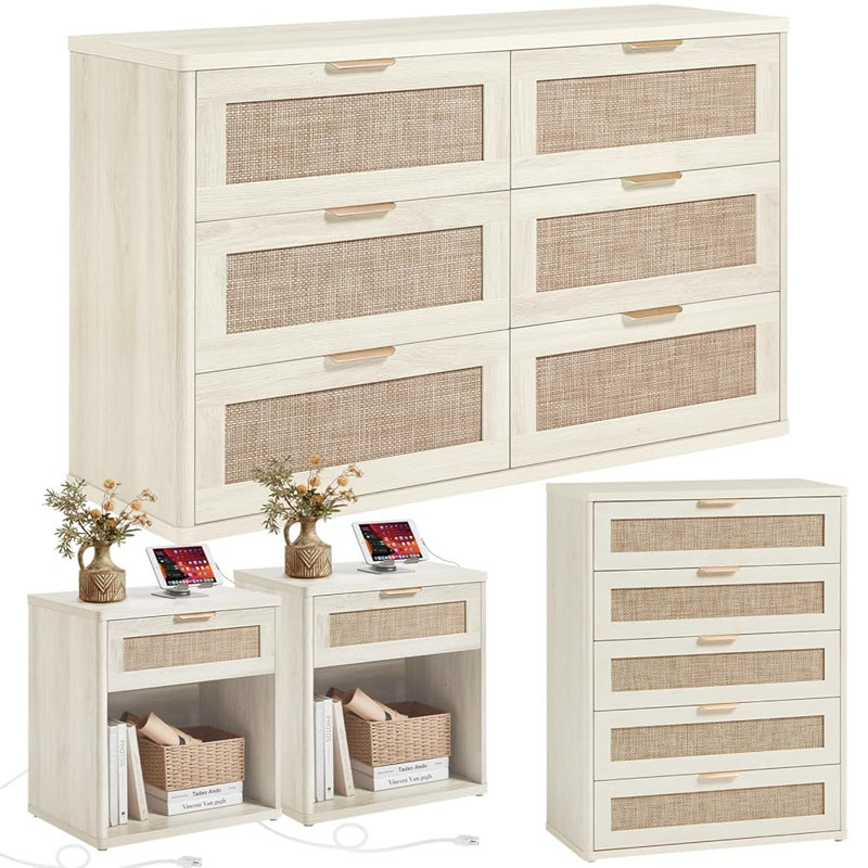 Ensemble de 4 commodes et tables de chevet en rotin, style bohème, commode 6 tiroirs, commode 5 tiroirs, 2 tables de chevet avec station de charge