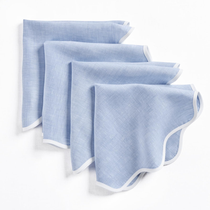Giselle Scallop Edge - 100% Pure Linen Dinner Napkins, White/Chambray Blue, 20 Inch Round