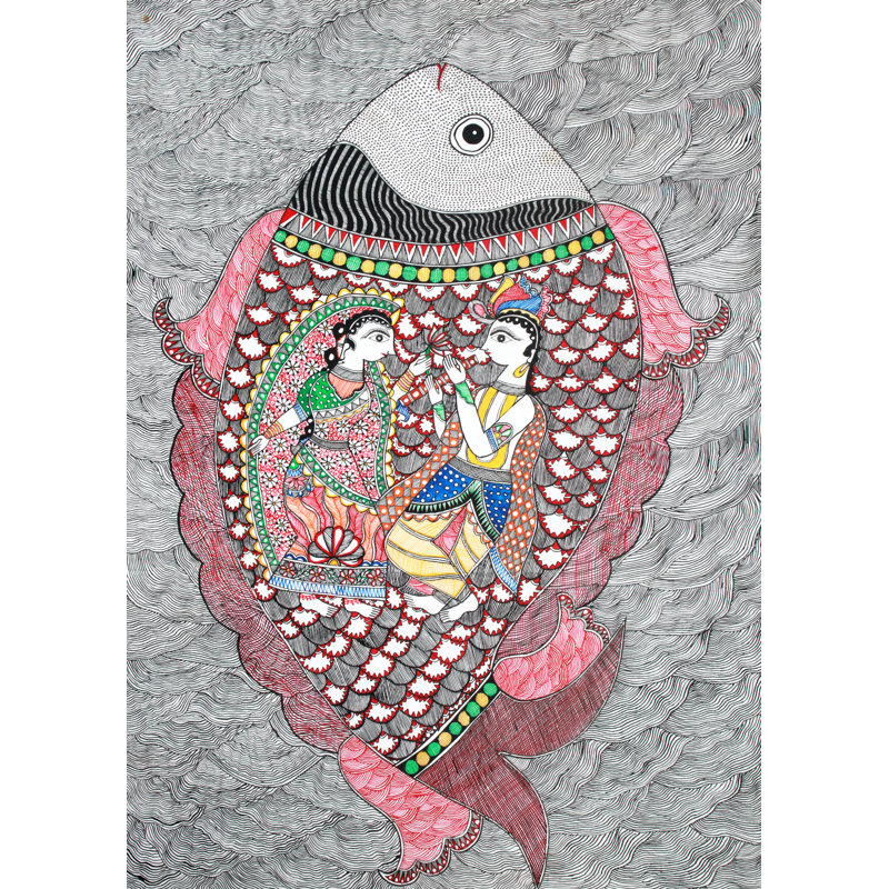 Handmade Madhubani Paper Artwork of Radha-Krishna in Fish Motif