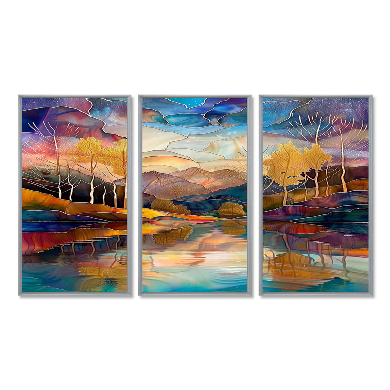 Serene Autumn Forest River - ensemble de décoration murale paysage abstrait, H 28 po x l 36 po x P 1 po, Encadrement argenté