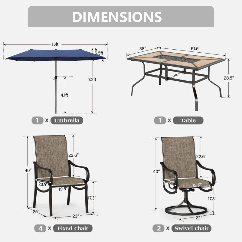Ensemble de table de salle à manger d'extérieur pour 6 personnes avec parasol, Bleu