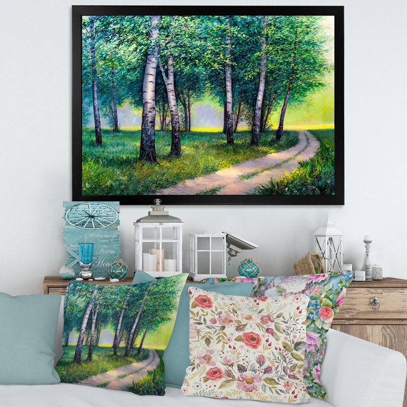 Summer Forest Road By The Birches - reproduction de Lake House, H 24 po x l 32 po x P 1 po, Cadre noir