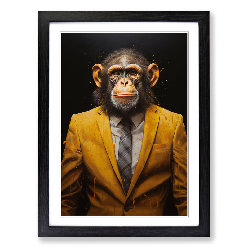 Monkey In A Suit Painting - Single Picture Frame Print on Wood, 64cm H x 46cm W x 2cm D, Black Framed
