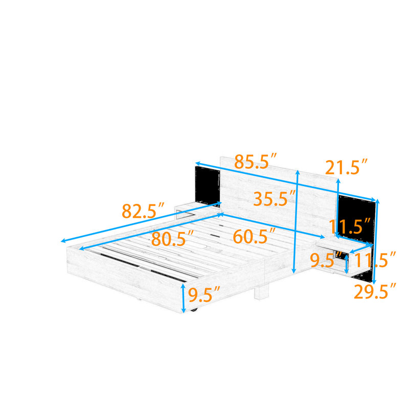 Modern Floating Platform Bed with LED Lighting and Built-in Nightstands, White, Queen