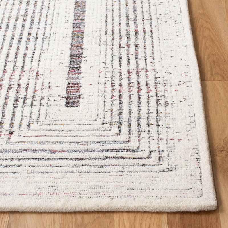 Binyomin Geometric Handmade Tufted Wool Red/Ivory Area Rug, Rectangle 5' x 8'