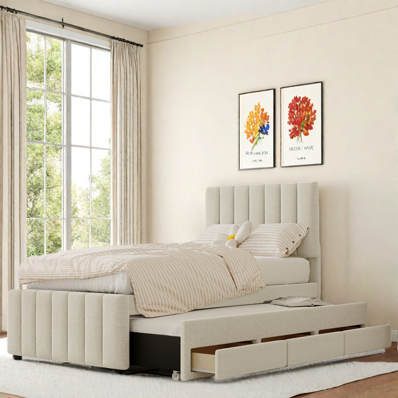 Lit plateforme tapissier avec lit gigogne, 3 tiroirs et tête de lit à rayures, Beige