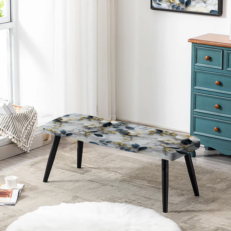 Palette florale blanche en marbre blanc - banc rembourré en marbre noir, Magnolias Vein White And Blue Marble Pattern