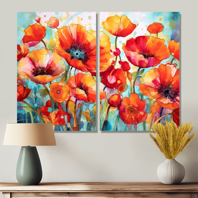 Brilliant Poppies V - art mural floral surdimensionné à 2 panneaux