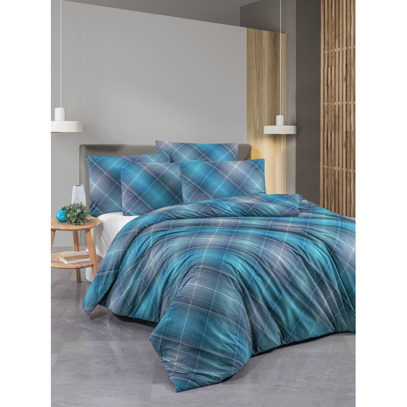 100% Cotton Ranforce Single Quilt Cover Set, Blue & Dark Blue | Duvet Cover 63 x 87, Flat Sheet 63 x 95, Pillowcase 20 x 28 | 145 Thread Count, Button Closure, Machine Washable, Soft & Durable for Cozy Nights