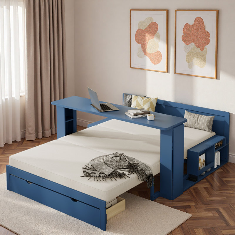 Multifunctional Daybed With Storage Drawer, Open Compartments And Hydraulic Side Table, Blue, Full/Double