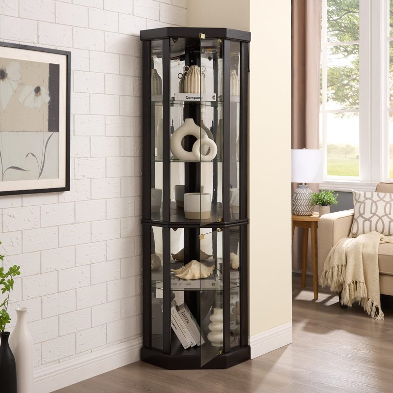 Lighted Corner Curio Cabinet - Elegant Glass Display Case For Living Room & Bar Storage - For Antique Collections & Wine - Includes Built-In Lighting - Black