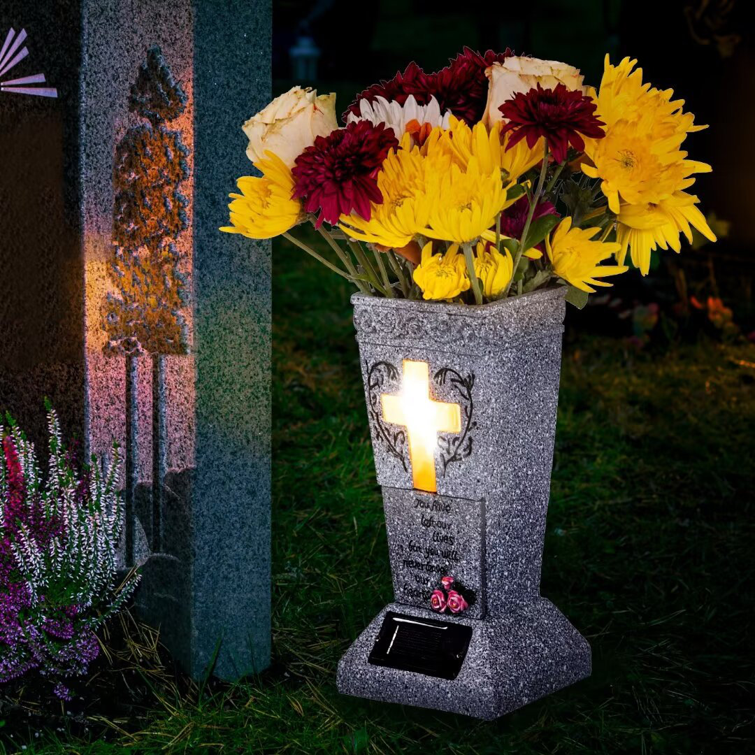 HUYIENO Solar Cemetery Grave Vase with LED for Fresh/Artificial Flowers ...