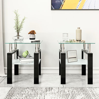 2Pcs Square Tempered Glass Coffee Table - Transparent/Black, Functional And Stylish Living Room 2Pcs, Square, Fashionable Details