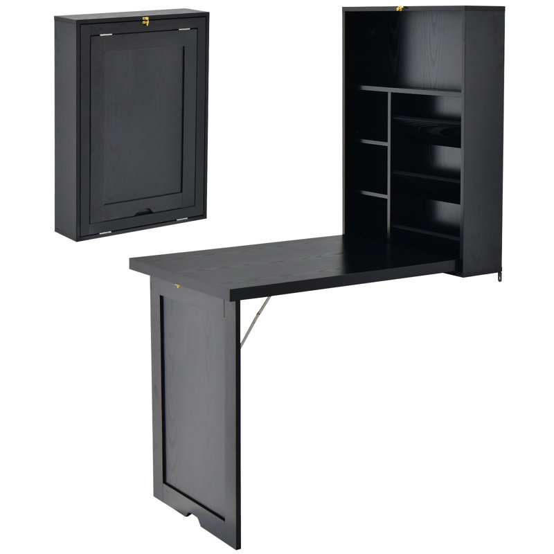 Ebern Designs Bureau pliant mural convertible Bureau d'ordinateur Bureau flottant Bibliothèque de rangement Tablettes réglables Noir