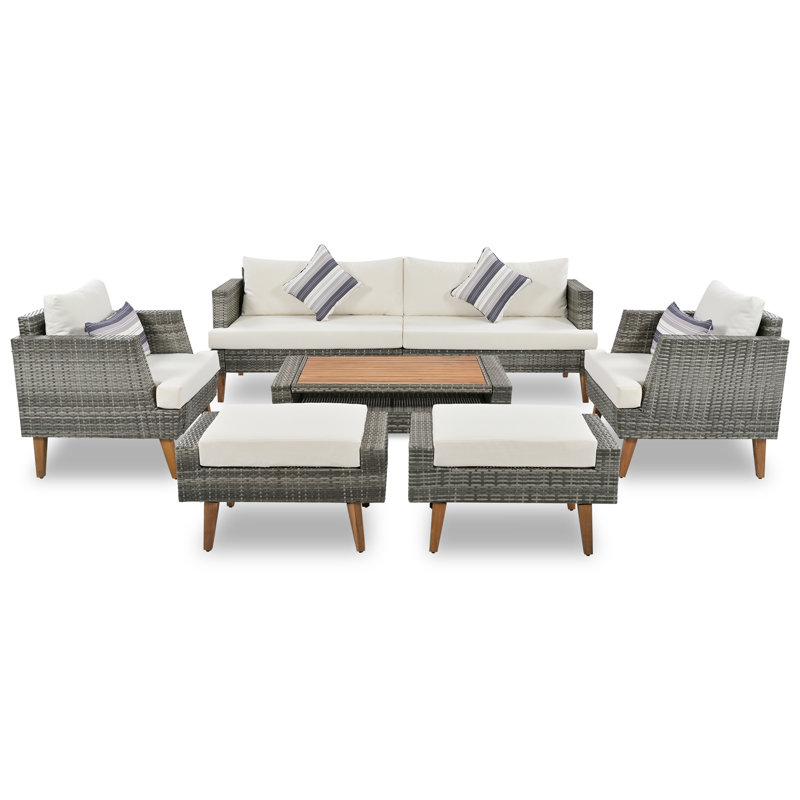 Ensemble de canapé modulaire d'extérieur en rotin 6 pièces PE gris et beige - rotin PE toutes saisons