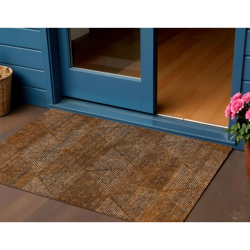 3' X 5' Terra Cotta Copper And Beige Geometric Washable Indoor Outdoor Area Rug