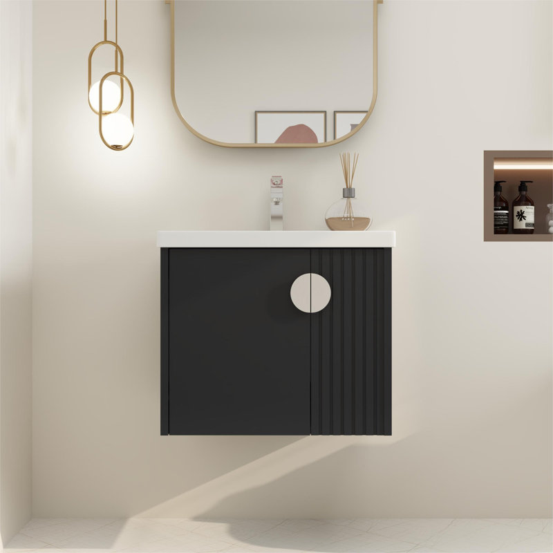 Ensemble de meuble-lavabo flottant simple 24 po avec 2 portes à fermeture douce et plateau en céramique Martellish, Noir