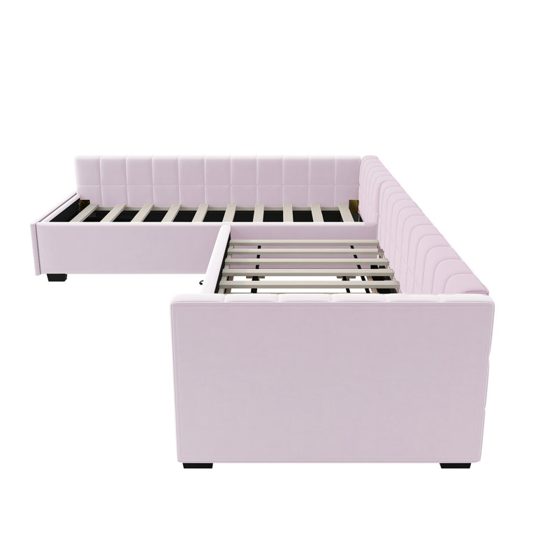 Lit de jour rembourré en L avec velours et flanelle VelvLuxe, Rose