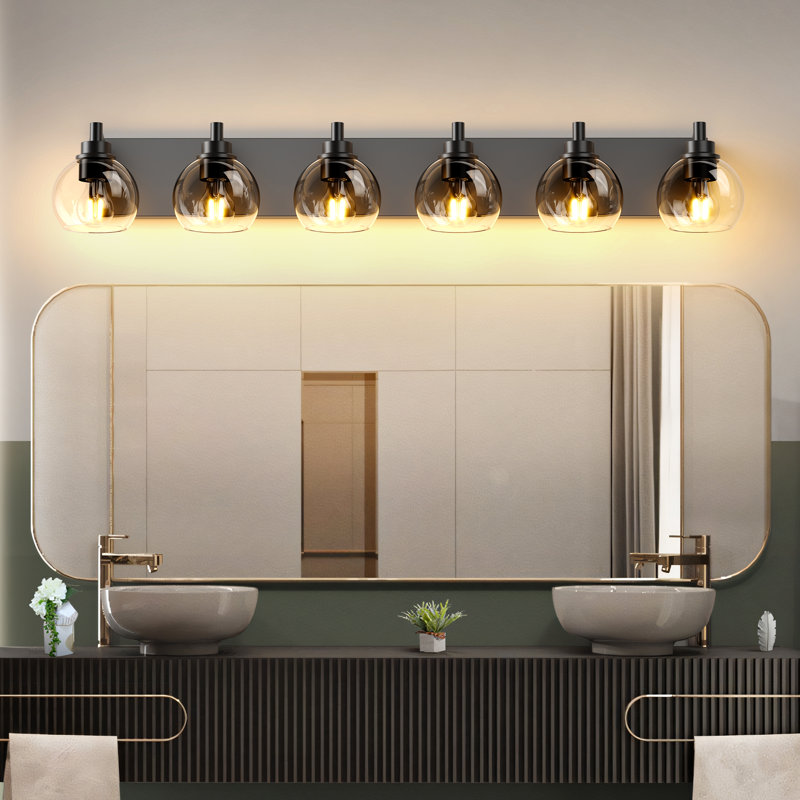 Éclairage pour salle de bain moderne à 6 lumières noir mat, Six lumières, 40,6 po de largeur