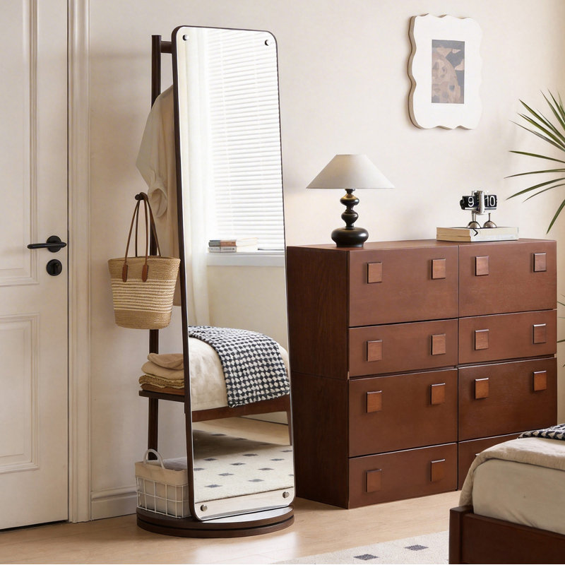 Miroir rotatif pleine grandeur avec portemanteau, miroir de rangement autoportant en bois massif pour le salon de la chambre à coucher