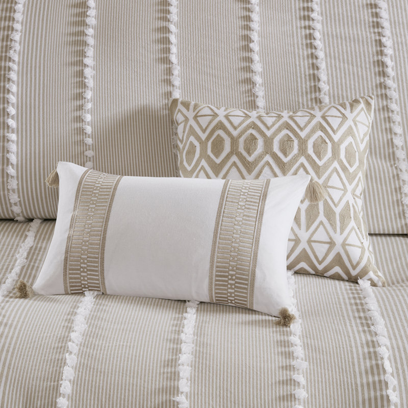 Cream Embroidered Cotton Oblong Decorative Pillow with Tassels