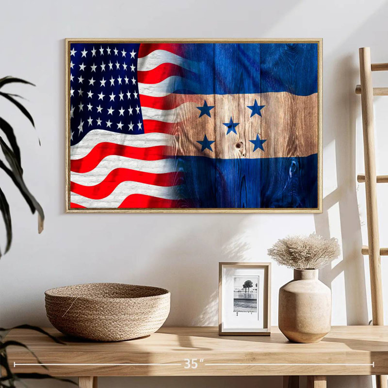 Drapeau des États-Unis et du Honduras, Cadre flottant en bois naturel, 25 po x 17 po
