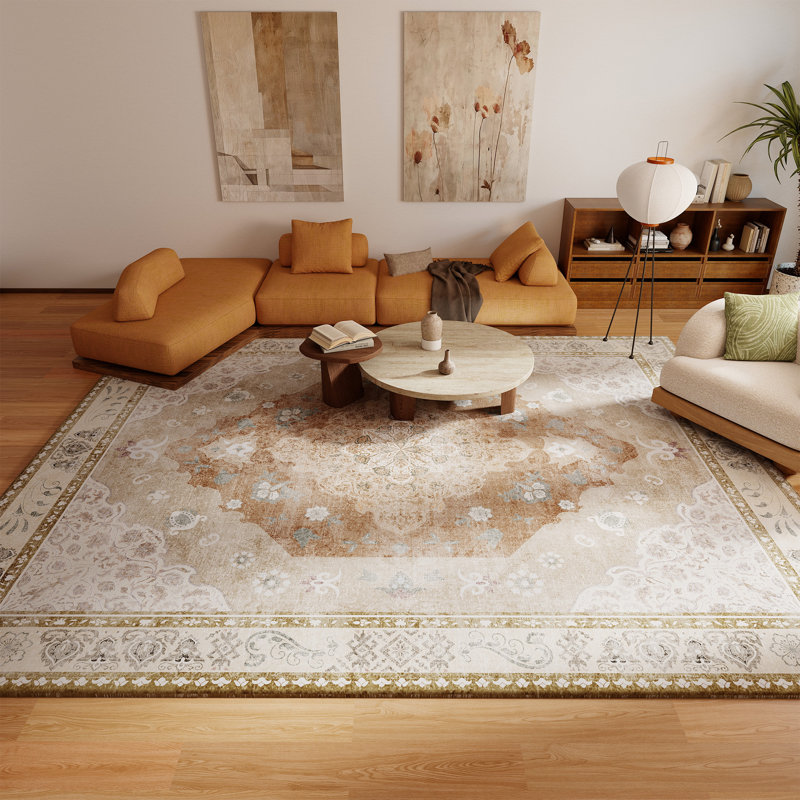Living Room Rug 8x10 ft Light Brown Area Rug Machine Washable Rug, Non Slip Vintage Rug Stain Resistant Indoor Large Carpet for Bedroom, Boho Rug, Distressed Retro Floor Rug for Classroom, Dorm, Dining Room