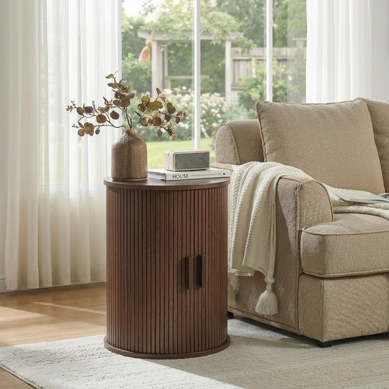 Fluted Round End Table Set (Set of 2), Dark Brown Wood