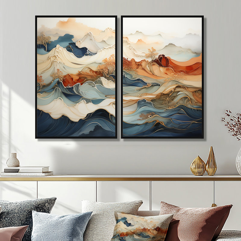 Abstrait orange et bleu, rivière bleue, encre III - art mural moderne sur toile bleue, Black, 36" H x 48" W