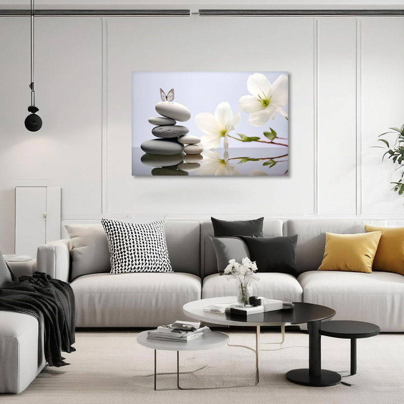 Zen Canvas Wall Art Lotus Picture Bathroom Wall Decor Blue Poster Spiritual Meditation Artwork Spa Stones Butterfly Prints For Yoga Room Home Decor Framed(12.00X18.00 Inch)