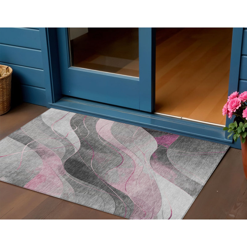 Tapis extérieur lavable abstrait 3 pi x 5 pi rose et argenté