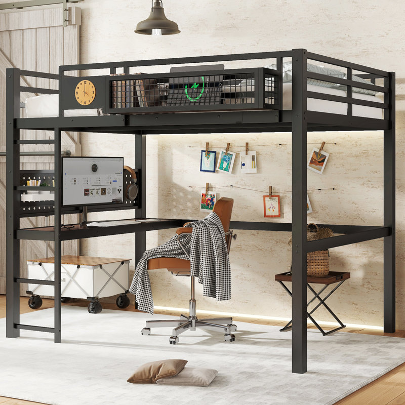 Full Size Black Metal Loft Bed with Desk, Storage Basket, Clock, and USB Charging Port – Space-Saving Multifunctional Bed