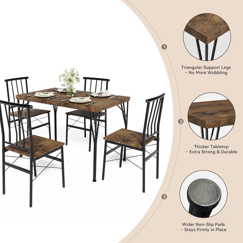 Ensemble de table de salle à manger pour 4 personnes, petite table de cuisine et chaises avec plateau en bois et pieds en métal, ensemble de table de salle à manger compact pour les appartements, robuste et peu encombrant