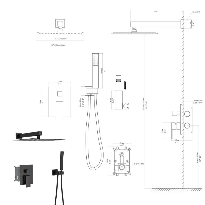 12 Inch Square Dual Shower, Matte Black Finish, Wall Installation Mounted Shower Head - Inch, Black, Ultra-thin Overhead