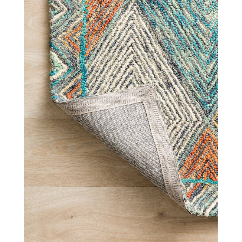 Tapis bleu en laine crocheté à la main Morecambe, Rectangle 3 pi 6 po x 5 pi 6 po