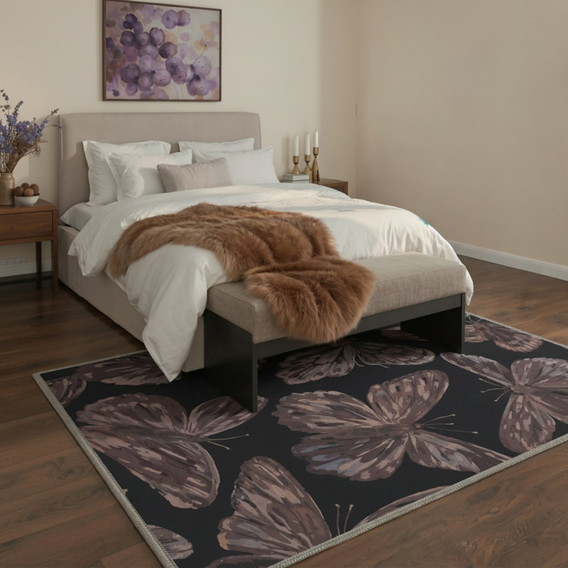 Aura Boho Butterflies Animal Print Machine Washable Purple / Black Indoor Area Rug with Non-Slip Backing, Rectangle 6' x 9'